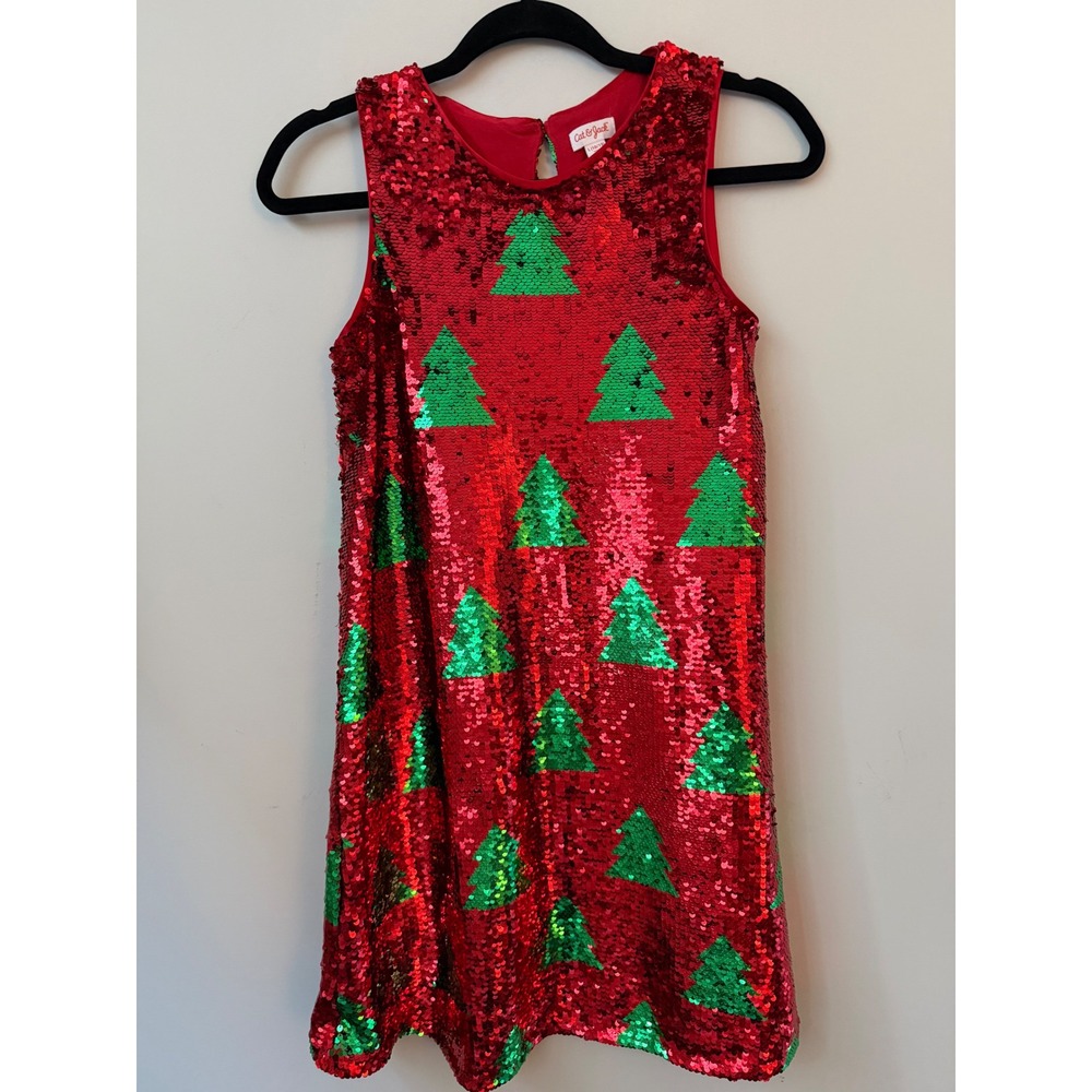 at & Jack Girls L 10/12 Christmas Sequin Dress Red Green Holiday Tree